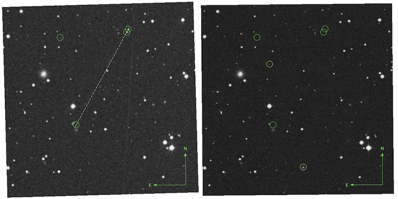 2 starfields, the same except some white dots appear in the left one that are gone in the other.