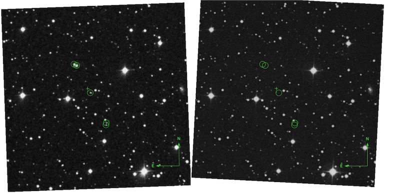 Transient flashes: 2 views of the same starfield with a few small white star-like spots visible in one but not the other.