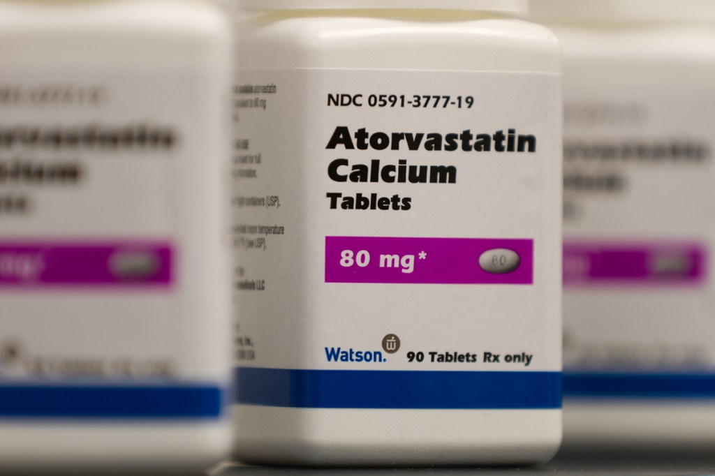 Bottle of Atorvastatin Calcium 80 mg tablets.