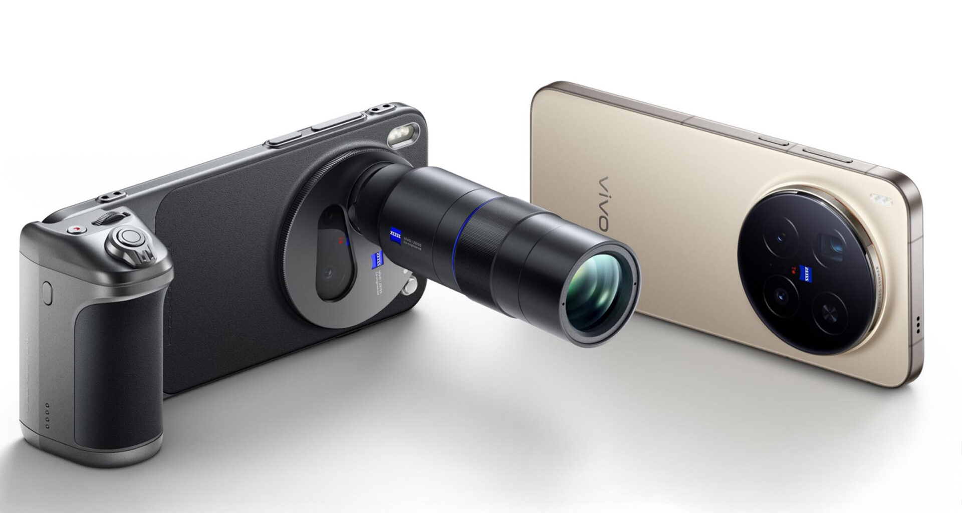 vivo x300 pro with Telephoto Extender Kit and vivo X300 in the background