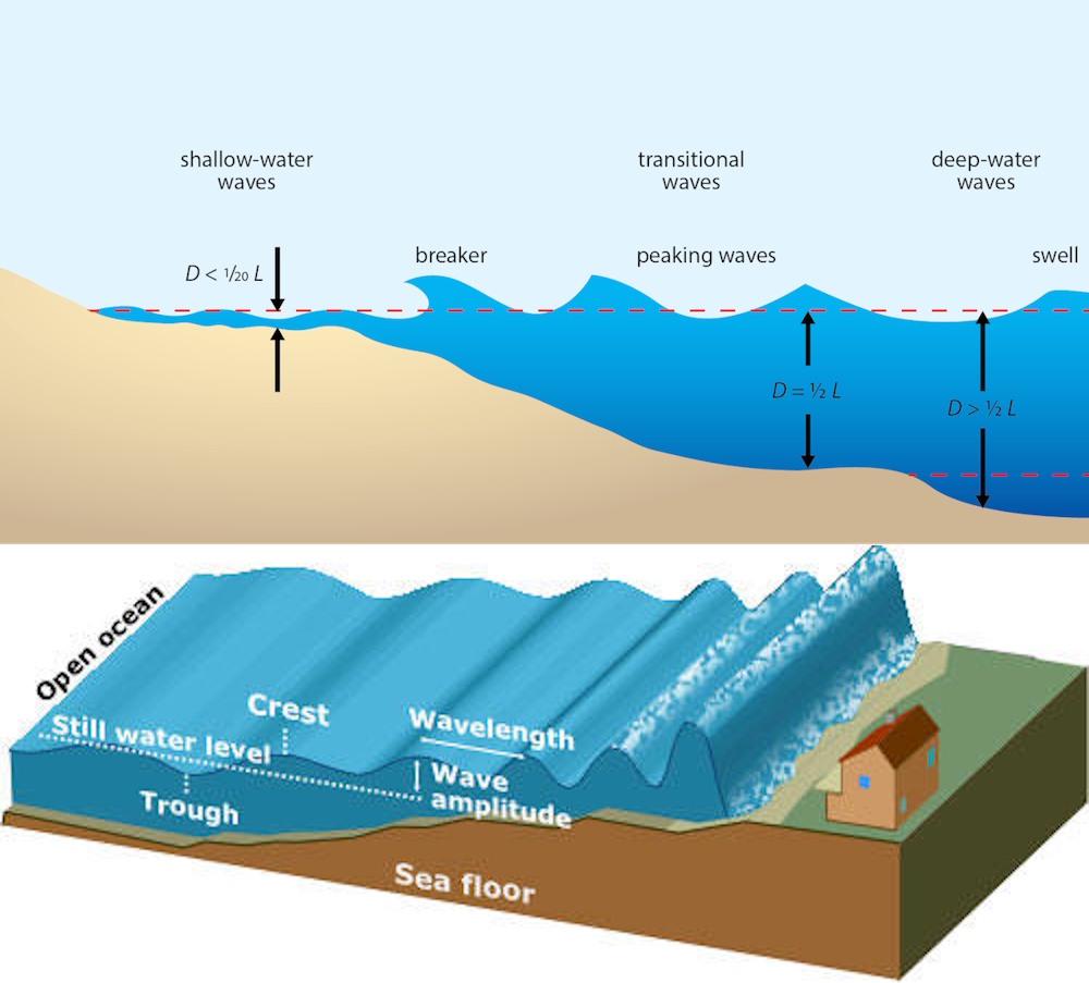 Diagram showing ocean wave types in different water depths, with labeled sections for shallow, transitional, and deep-water waves—plus a labeled cross-section of a wave’s features—illustrating concepts relevant to 2025 Nobel Prize Physics quantum advances.