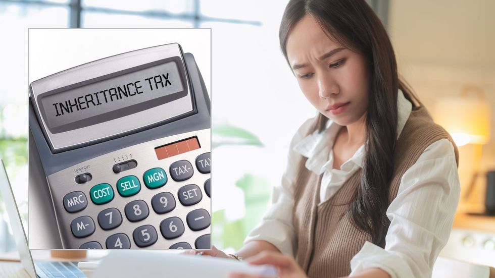 Woman looking at letter and inheritance tax on calculator