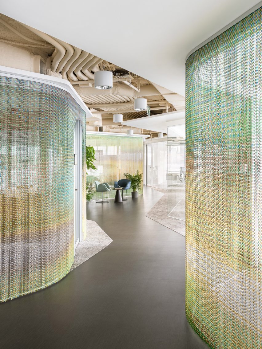 Workplace with areas zoned by hanging chains