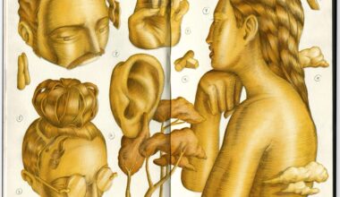 a sketchbook spread of gold-colored fragments of the human body, including an ear, hand, face, and shoulder and neck