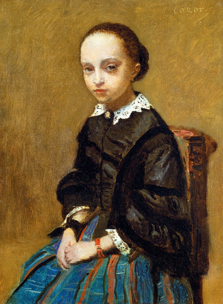 Illustration of a young girl with dark hair and pale skin, wearing a dark dress with a white lace collar and a blue and red striped skirt, seated against a warm brown background.