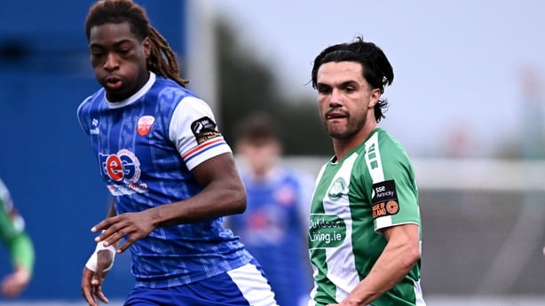 Sean Brennan of Bray Wanderers in action against Richkov Boevi of Treaty United during the SSE Airtricity Men's First Division play-off final match between Bray Wanderers and Treaty United at Athlone Town Stadium in Westmeath.