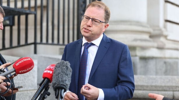 Minister for Further and Higher Education, Research, Innovation and Science James Lawless arrives to speak to media outside Government Buildings a meeting of the Cabinet