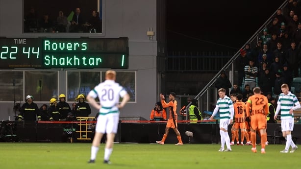 Shakhtar Donetsk players celebrate their opening goal against Shamrock Rovers, Conference League, November 2025