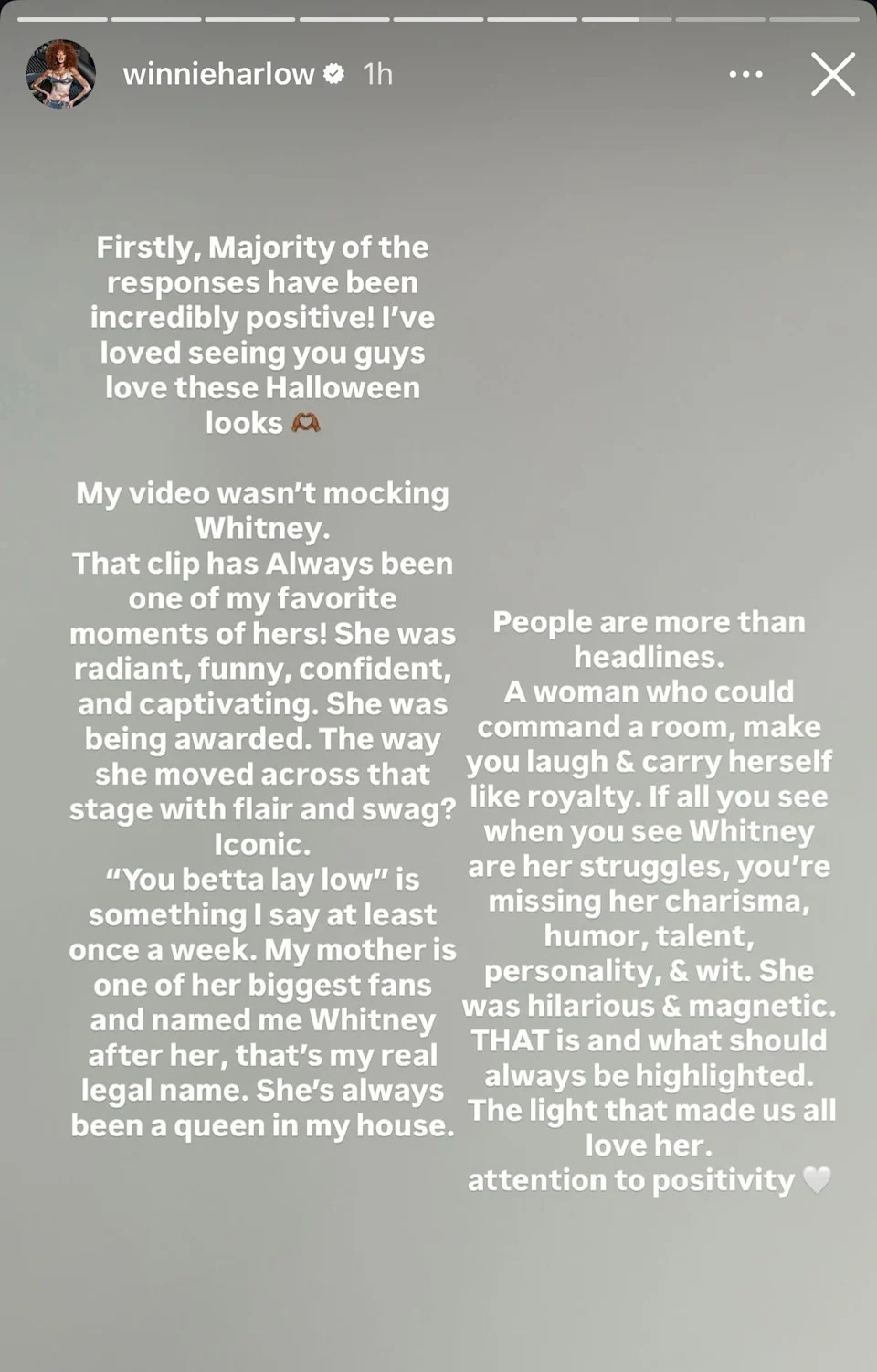 Instagram story text from Winnie Harlow addressing responses about a Halloween look, praising Whitney Houston's legacy and highlighting positivity