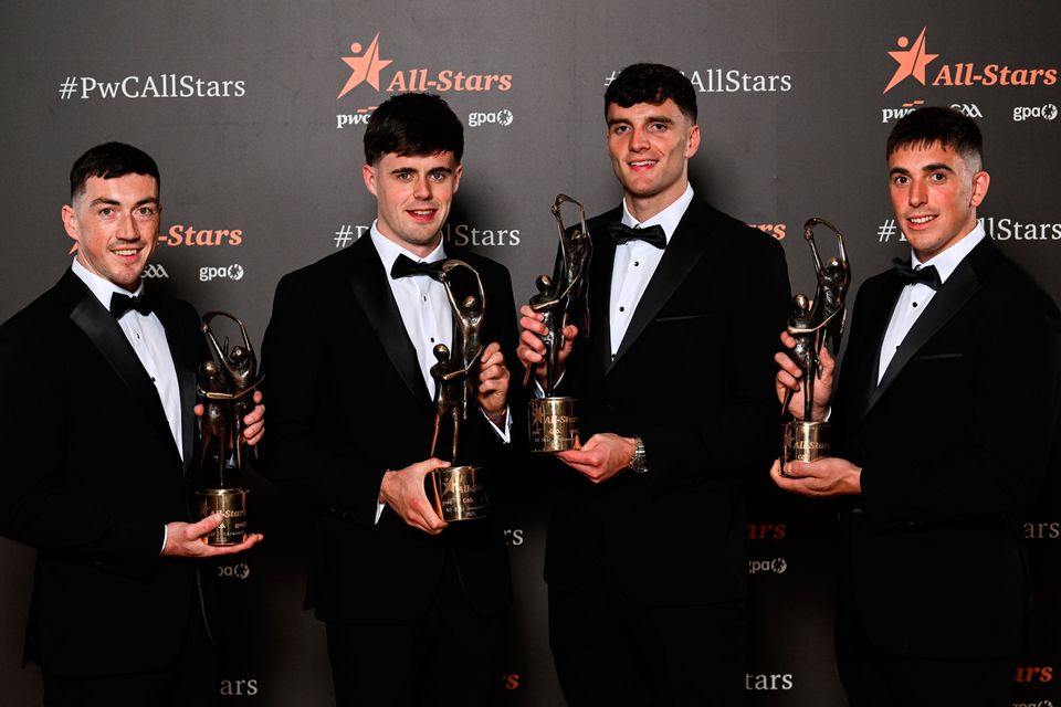 7 November 2025; Cork hurlers, from left, Seán O’Donoghue, Darragh Fitzgibbon, Brian Hayes and Ciarán Joyce with their PwC GAA/GPA All-Star Awards during the 2025 PwC GAA/GPA All-Star Awards at the RDS in Dublin. Photo by Ramsey Cardy/Sportsfile 