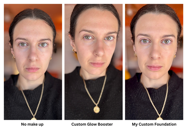 Eve Rowlands before and after using the Customer Glow Booster and Custom Foundation