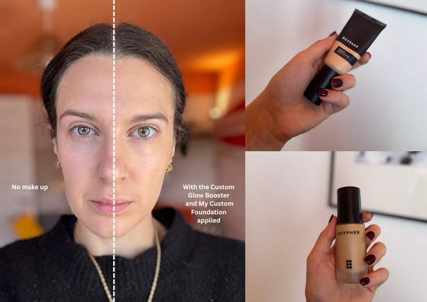 Beauty writer Eve Rowlands has no make-up on one side of her face, and the products applied on the other to show the difference