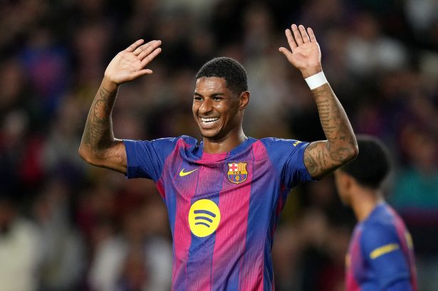 Marcus Rashford of FC Barcelona celebrates scoring his team's third goal during the LaLiga EA Sports match between FC Barcelona and Elche CF at Spotify Camp Nou on November 02, 2025 in Barcelona, Spain