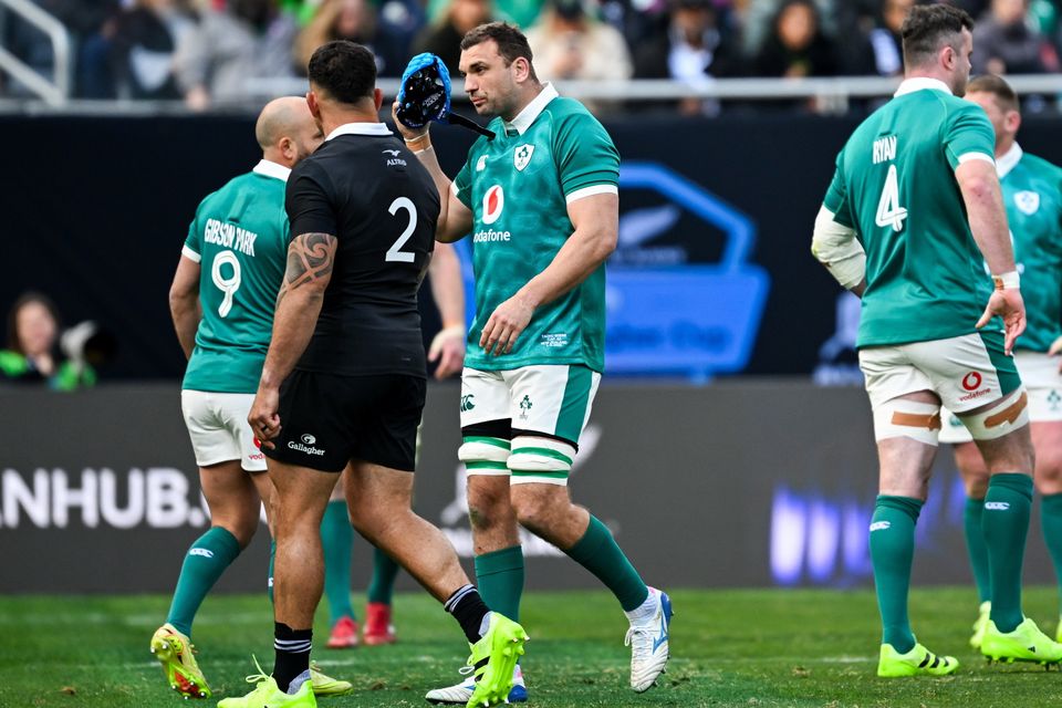 Tadhg Beirne of Ireland leaves the pitch after being shown a yellow card, which was subsequently upgraded to a red