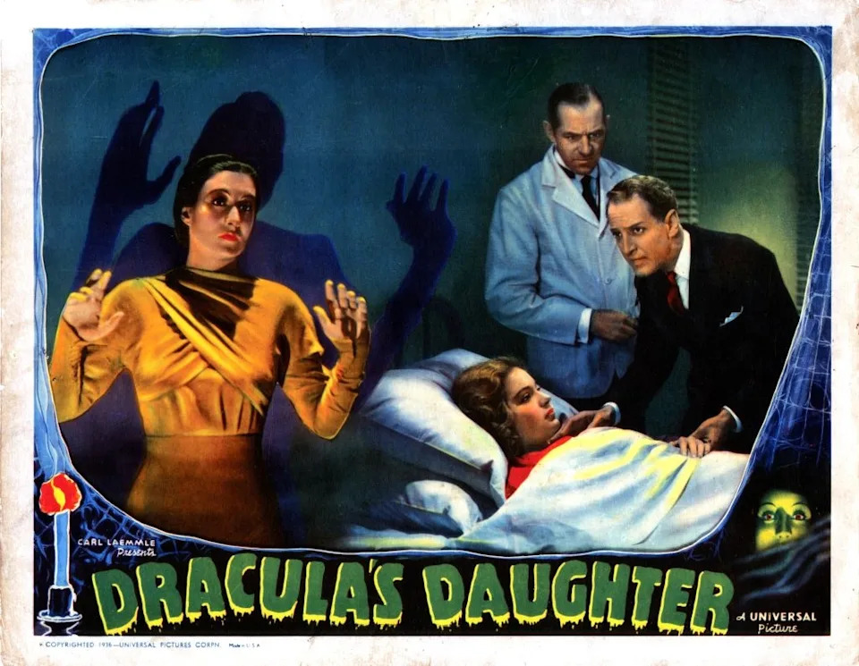 Vintage "Dracula's Daughter" movie poster with a woman lay in a bed and being tended by doctors in background, and a woman posing ominously in the foreground