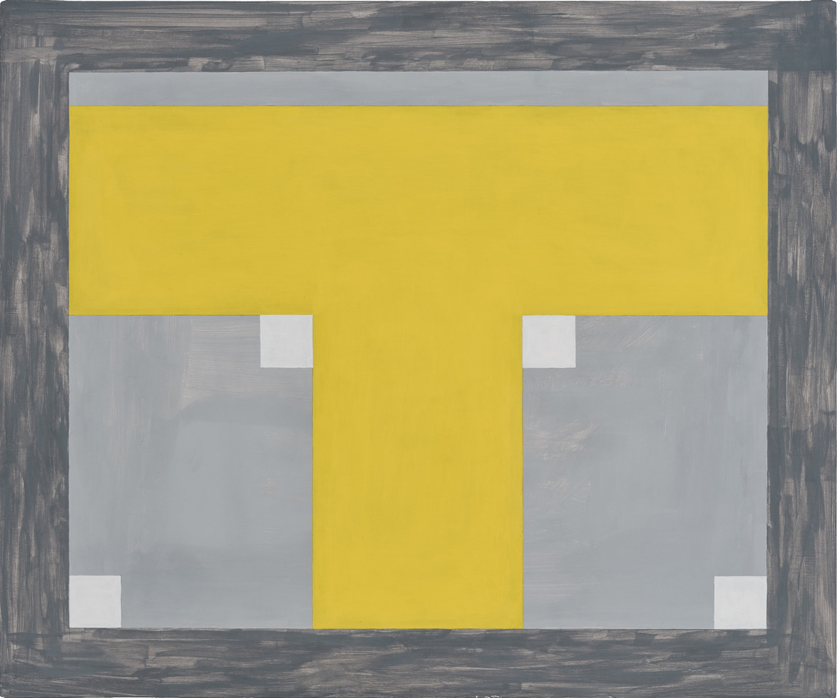 Abstract painting with a bold yellow T shape on a gray background, surrounded by a dark border and small white squares.