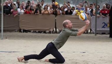 Tanned and sporting a trimmed beard, the father-of-three was also, notably looking to be in great shape as he whizzed around the sandy terrain to get the ball over the net - proving that being in his forties hasn't slowed him down one bit