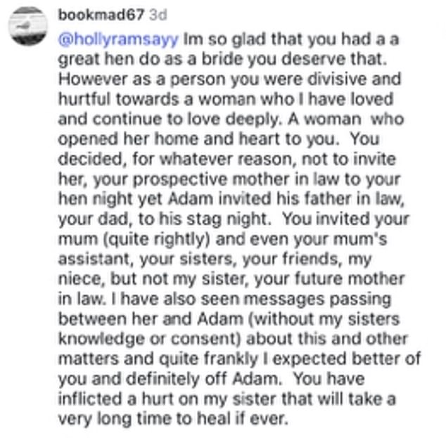 Adam's aunt Louise Williams exposed the heartbreak over her sister being left off the guest list last weekend by hitting out at Holly in a public Instagram post