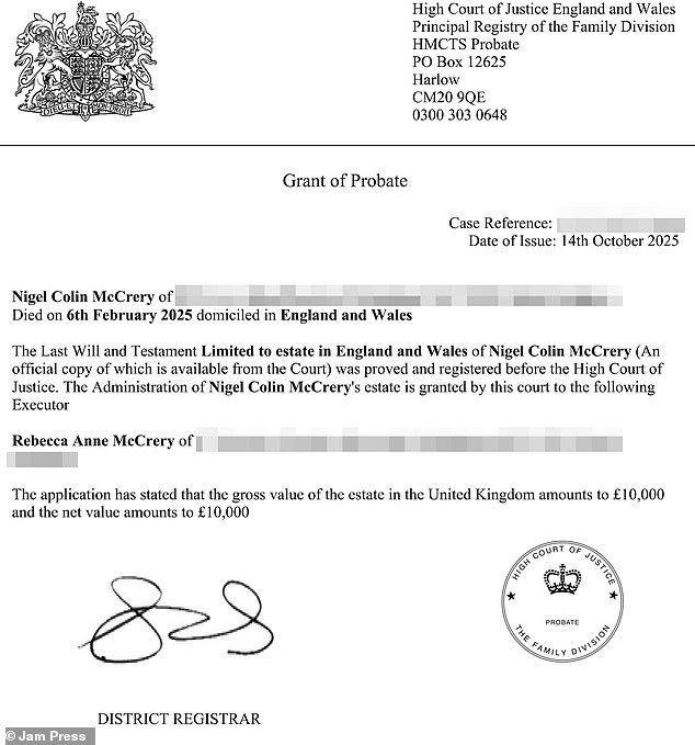 The modest sum of £10,000 was divided among his relatives after his death