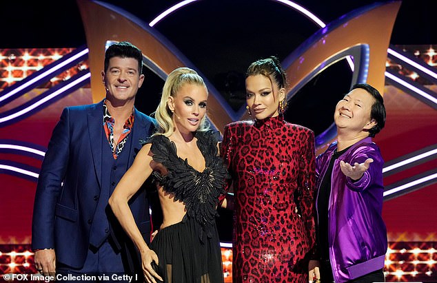 L-R: Robin Thicke, McCarthy, Rita Ora and Ken Jeong on The Masked Singer in April