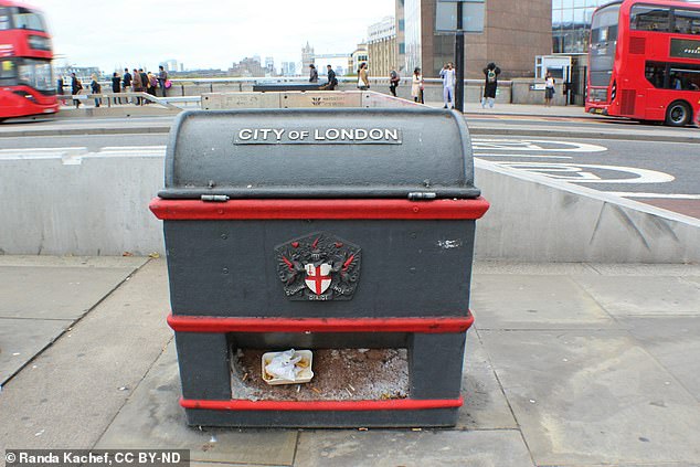 Almost half of the non-cigarette littering Dr Kachef witnessed seemed 'polite'. Pictured, kebab wrapping in a salt and grit bin, London