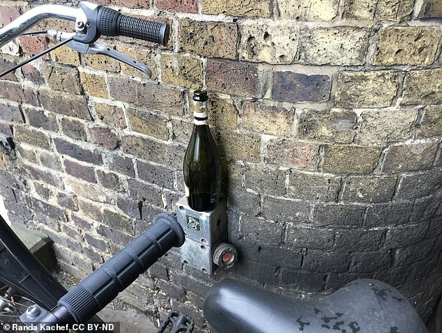 Many polite litterers thoughtfully place their item in an attempt to make it blend in with its surroundings. Pictured, bottle of prosecco placed on fuse box in London
