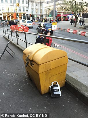 Pictured, bag perched next to a salt grit bin, London Bridge area - an ambiguous placement suggesting the owner may or may not want to return for it