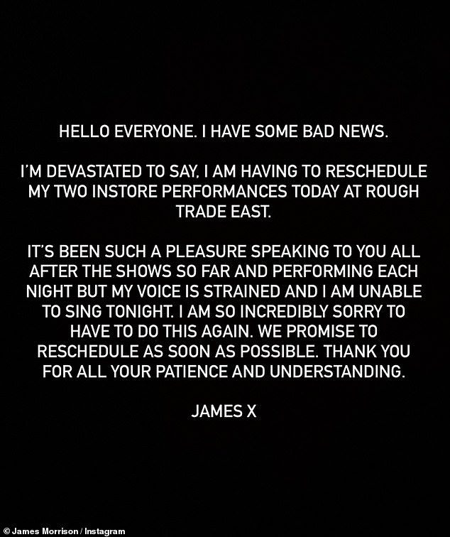 The musician said he was 'devastated' to have to reschedule the shows at Rough Trade East, London, but rest assured he would be back on stage soon