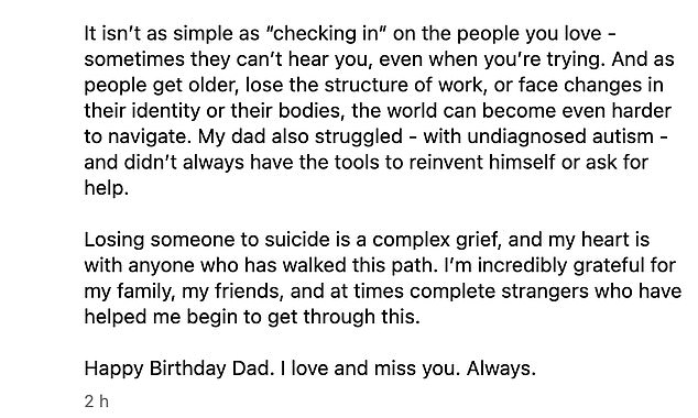 Douglas shared a childhood photograph of himself with his father as part of a discussion about men's mental health struggles