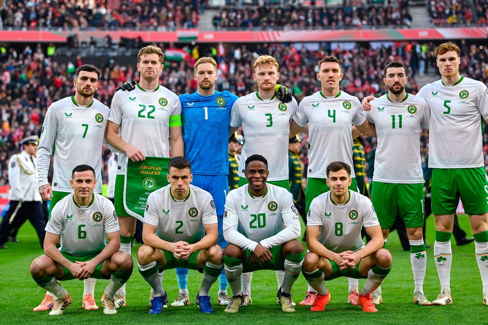 The Ireland team, back row, from left to right, Troy Parrott, Nathan Collins, Caoimhín Kelleher, Liam Scales, Dara O'Shea, Finn Azaz and Jake O'Brien; front row, from left to right, Josh Cullen, Séamus Coleman, Chiedozie Ogbene and Jayson Molumby; before their World Cup 2026 Group F qualifier against Hungary at Puskas Arena in Budapest. Photo: Stephen McCarthy/Sportsfile