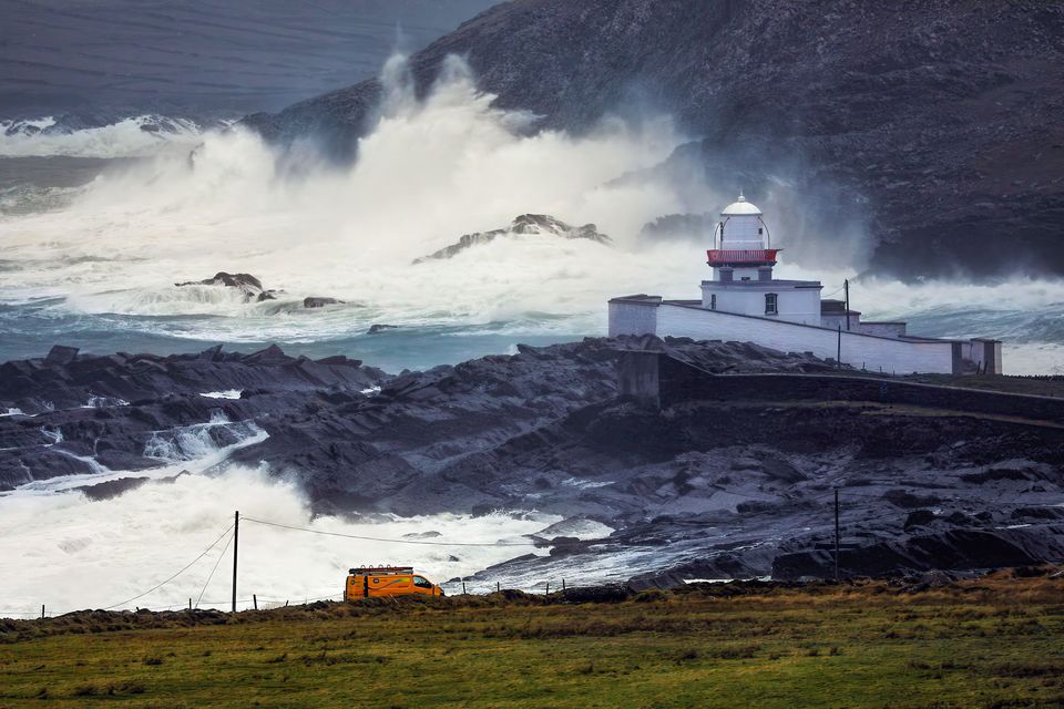 ESB crews arrive to Valentia Island Lighthouse at Cromwells Point during storm force Eleanor, as it gripped the southern and western seaboard of the Atlantic. Photo by Valerie O'Sullivan. 