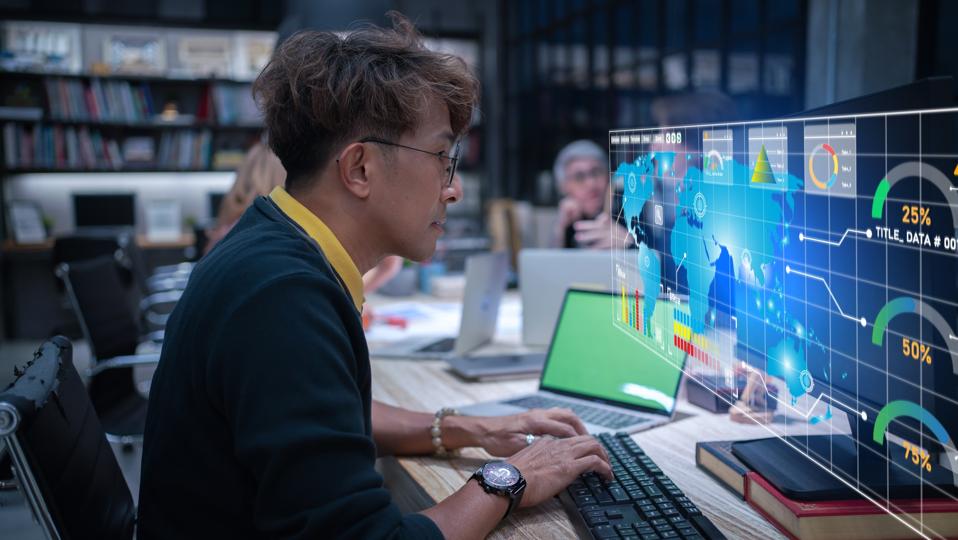 Businessman studying on laptop AI data, holographic interface for high-income career