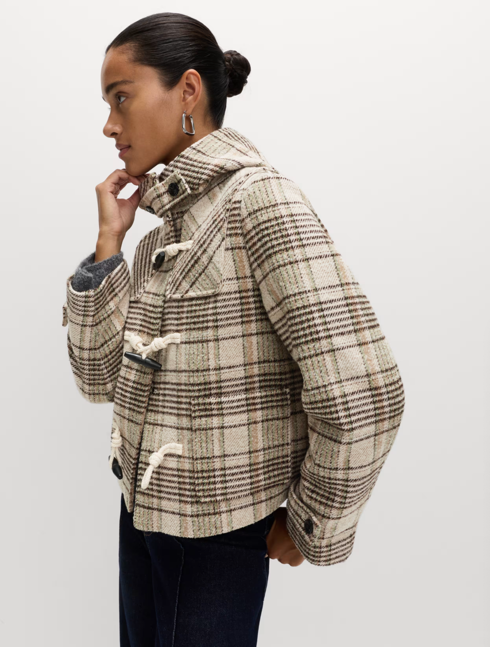 Checked Hooded Duffle Coat With Wool