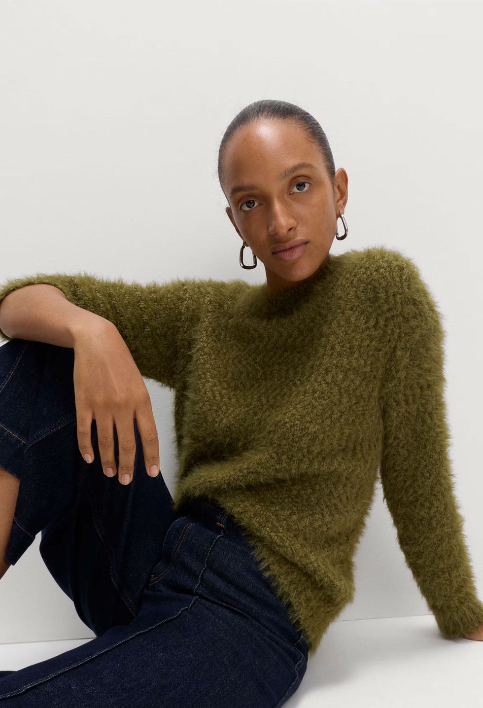Textured Crew Neck Jumper - Olive
