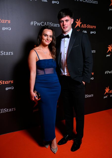 Cork hurler Darragh Fitzgibbon with Cliodhna Hanley on arrival to the 2025 PwC GAA/GPA All-Star Awards at the RDS in Dublin. Photo by Brendan Moran/Sportsfile