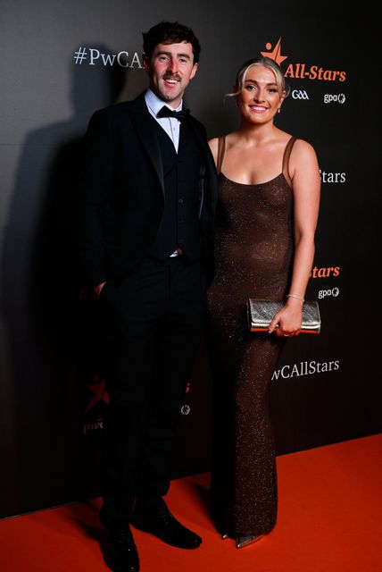 Kilkenny hurler Billy Ryan with Tara Walsh on arrival to the 2025 PwC GAA/GPA All-Star Awards at the RDS in Dublin. Photo by Brendan Moran/Sportsfile