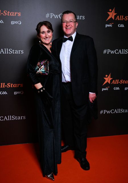 Martina and Fergal Somers on arrival to the 2025 PwC GAA/GPA All-Star Awards at the RDS in Dublin. Photo by Brendan Moran/Sportsfile