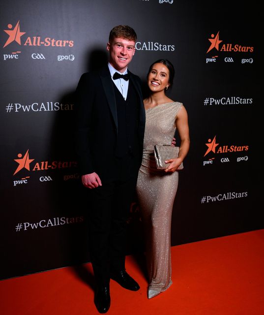 Kilkenny hurler Martin Keoghan with Fiona Troute on arrival to the 2025 PwC GAA/GPA All-Star Awards at the RDS in Dublin. Photo by Brendan Moran/Sportsfile