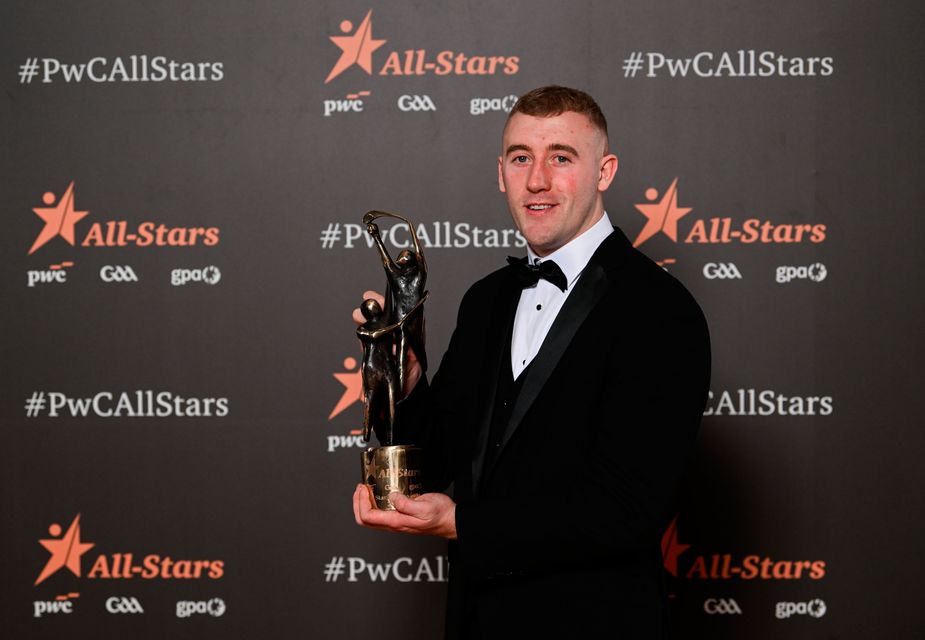 Tipperary hurler Eoghan Connolly with his PwC GAA/GPA All-Star Award during the 2025 PwC GAA/GPA All-Star Awards at the RDS in Dublin. Photo by Ramsey Cardy/Sportsfile