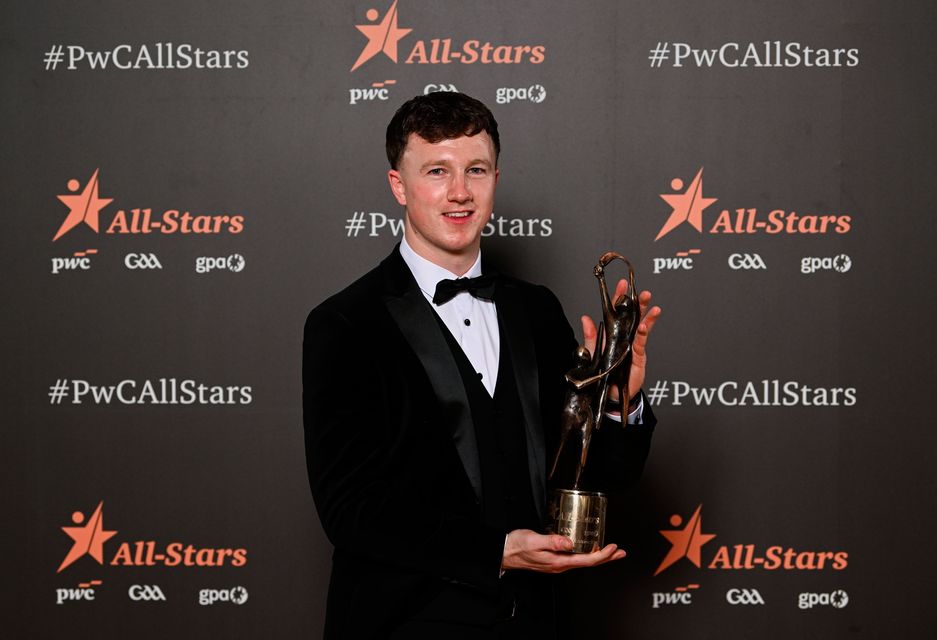 Tipperary hurler Jake Morris with his PwC GAA/GPA All-Star Award during the 2025 PwC GAA/GPA All-Star Awards at the RDS in Dublin. Photo by Ramsey Cardy/Sportsfile