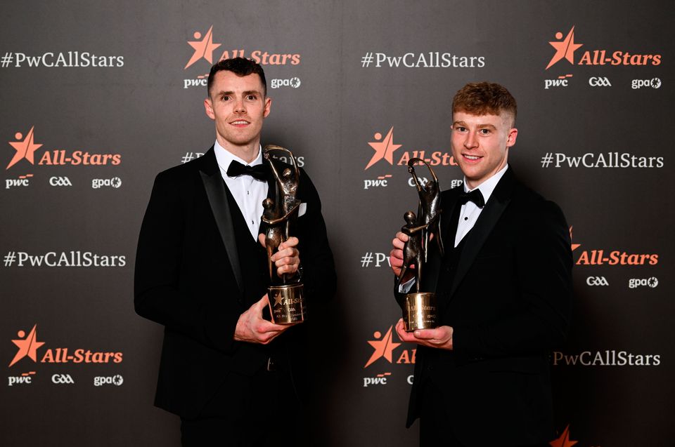 Kilkenny hurlers Huw Lawlor, left, and Martin Keoghan with their PwC GAA/GPA All-Star Awards during the 2025 PwC GAA/GPA All-Star Awards at the RDS in Dublin. Photo by Ramsey Cardy/Sportsfile