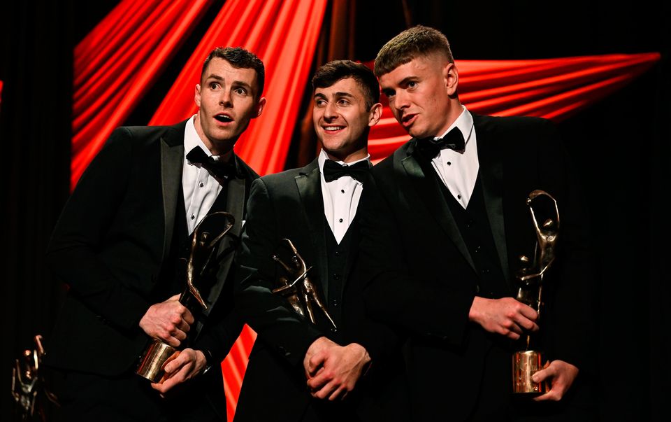 7 November 2025; Kilkenny hurler Huw Lawlor, left, Tipperary hurler Robert Doyle, centre, and Tipperary hurler Rhys Shelly with their awards during the 2025 PwC GAA/GPA All-Star Awards at the RDS in Dublin. Photo by Brendan Moran/Sportsfile 