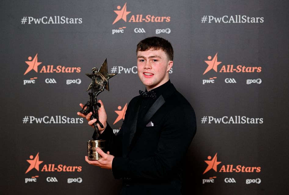 7 November 2025; Tipperary hurler Darragh McCarthy with his PwC GAA/GPA Young Hurler of the Year award during the 2025 PwC GAA/GPA All-Star Awards at the RDS in Dublin. Photo by Ramsey Cardy/Sportsfile 