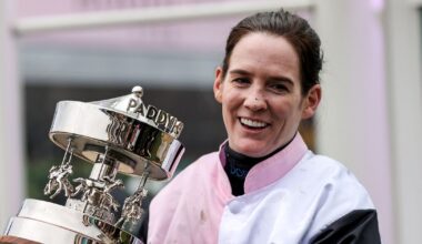 Rachael Blackmore celebrates winning the 2021 Grand National.