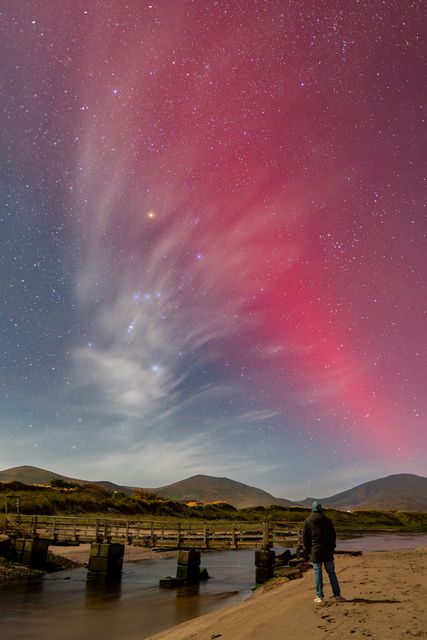 Tralee photographer Mark O'Sullivan pictured surveying the Northern Lights at Shore Acre Beach in Kerry at 5.30am on Wednesday morning. Photo by Mark O'Sullivan.