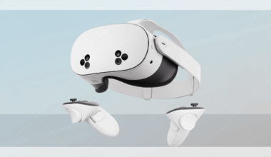 A white virtual reality headset with two white controllers, presented on a professional light blue and gray gradient background with subtle geometric patterns.