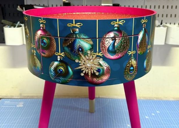 A hot pink and glitter Christmas side table 