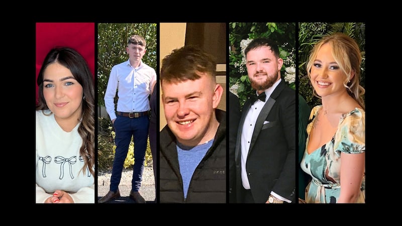 The five crash victims. From left: Chloe McGee (23), Shay Duffy (21), Dylan Commins (23), Alan McCluskey (23) and Chloe Hipson (21). Photograph: The Irish Times/Montage of handout imagery from An Garda Síochána