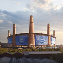 Birmingham City Football Club’s new stadium by Heatherwick Studio and MANICA. Image © Devisual Heatherwick Studio and MANICA Reveal Stadium Design Defined by Twelve Brick Chimneys in Birmingham - Image 2 of 7