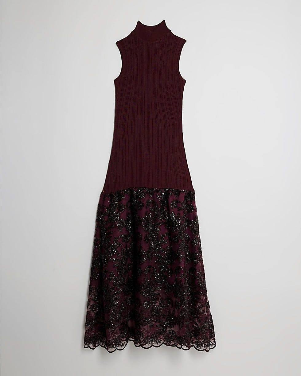 Red Knitted Hybrid Hem Midi Dress Red Knitted Hybrid Hem Midi Dress